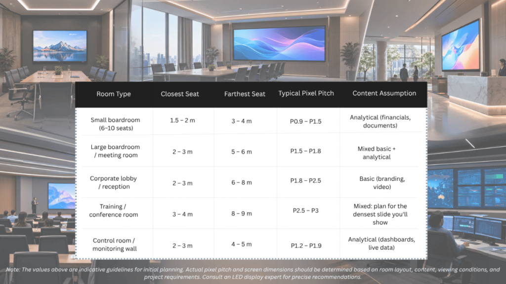 The image shows the recommended viewing distances versus pixel pitch for indoor rooms.