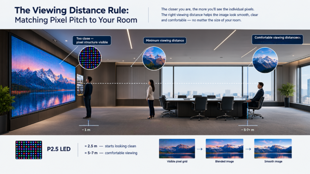 Persons standing at varying distances from screens of different pitch, with distance markers. This infographic also clarifies the viewing distance chart.