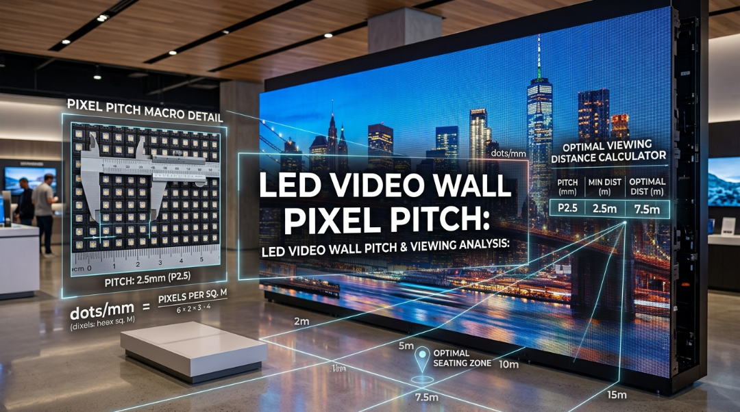 The image illustrates relation between LED pixel pitch and viewing distance. A Vivid LED System guide