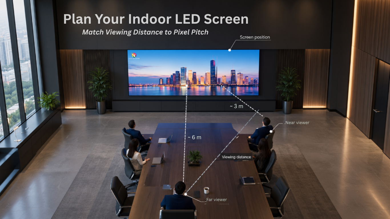 The image depicts the relation between viewing distance for indoor LED screens and how pixel pitch to be considered.
