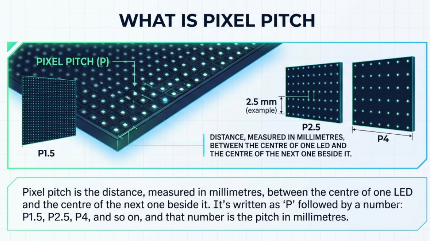 This image explains the anatomy of Pixel Pitch. Close-up of an LED cluster with the pitch measurement (P) marked between two pixel centres.