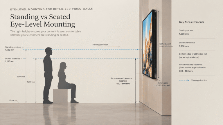 a side view showing a standing customer's eye level and seated level mouting versus LED video wall in a retail store by Vivid LED System