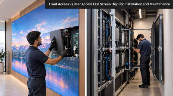 front-access-vs-rear-access-led-wall-hero.webp The image depicts a split-frame comparison that shows a hand/magnetic tool lifting a module off the front of a cabinet on one side and a technician working in a rear service corridor on the other.