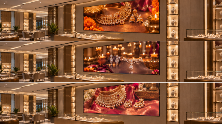 A simple visual showing how LED display screen content rotates across a festival season (Diwali or wedding season) in a jewellery showroom.