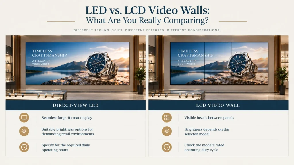 LCD vs. LED video wall comparison, addressing bezels, brightness, duty-cycle hours. LED video wall installed and serviced by Vivid LED System.