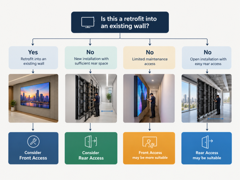 A branching flowchart starting with "Is this a retrofit into an existing wall? This image explains whether a client should plan front access or rear access for their space.