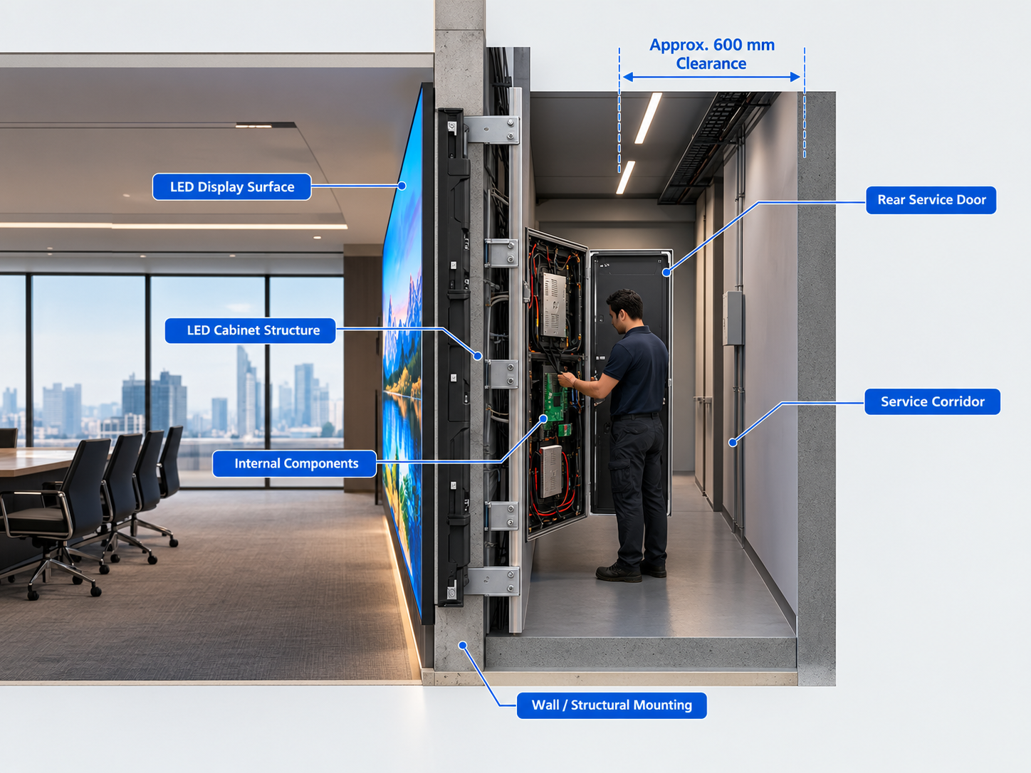 Rear access LED display installation showing the service corridor, rear door, and the clearance zone. A engineer is working from the behind the wall.