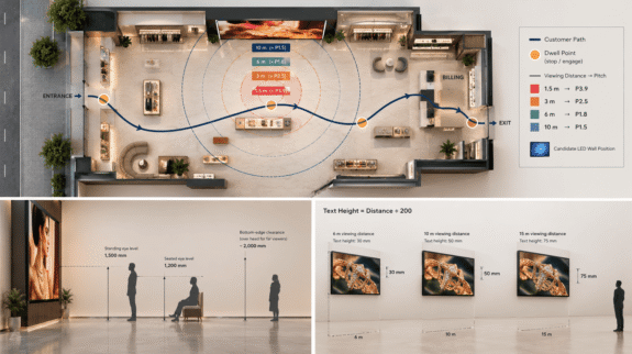 retail-led-screen-placement-viewing-distance-content-ideas a store floor plan with one featured wall installed by Vivid LED System, it also shows LED screen placement, pixel pitch and viewing distance with respect to the customer.