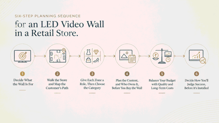 infographic shows planning step sequence of an LED video wall screen in a retail store space.