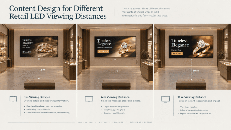An retail store LED screen showing viewing distance for the closest and farthest point.