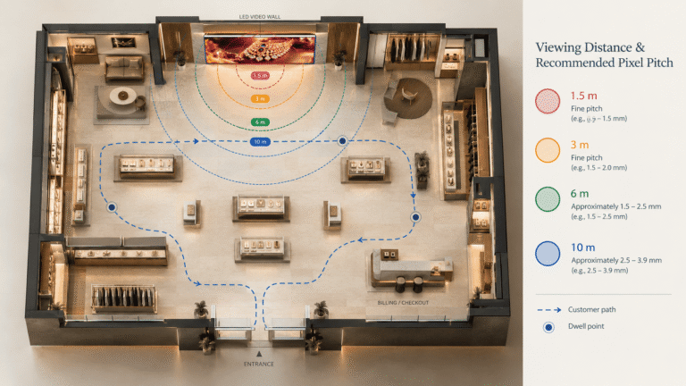 The image shows LED screen installed in a retail store, viewing distance and pixel pitch along with the customer-path map template explaining stop points, wait points, sightlines and glare.