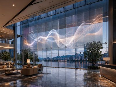 Transparent LED display enhancing visual engagement while maintaining open sightlines.